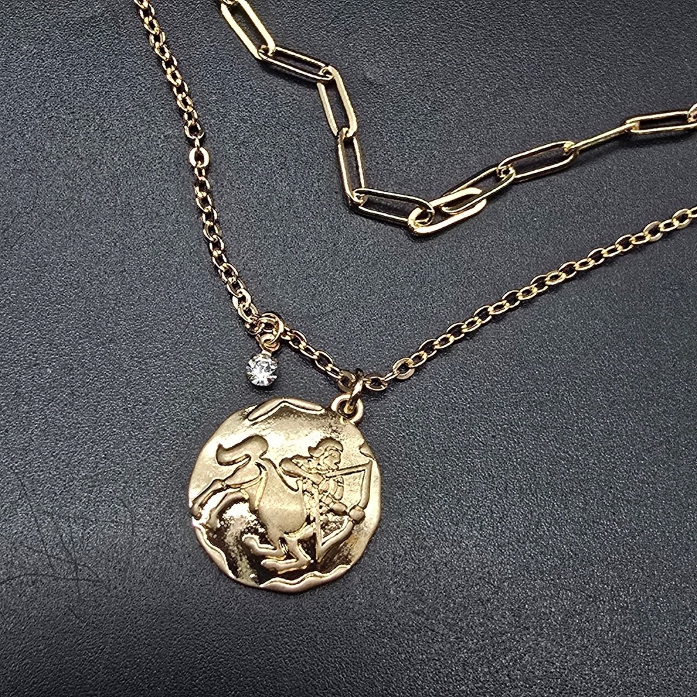 Sagittarius Archer Zodiac Charm Layered Chain Necklace Gold Tone Astrology